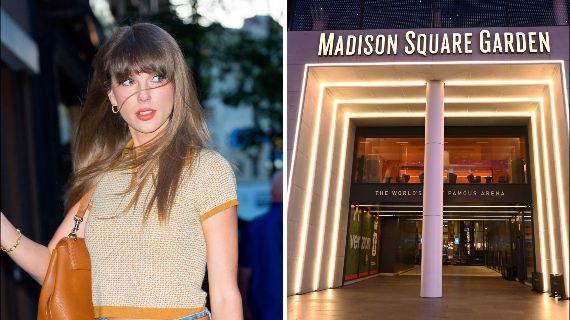 Split-screen image showing Taylor Swift carrying a tan handbag on the left, and the illuminated entrance to Madison Square Garden on the right